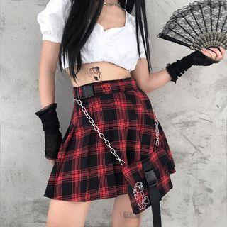 Buckled Chained Plaid Mini A-line Skirt