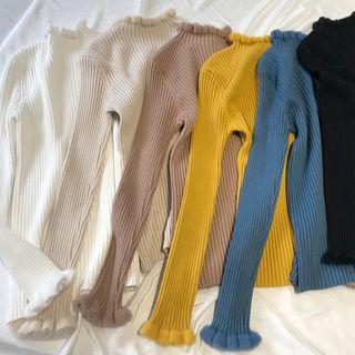 Furry-trim Mock Neck Long-sleeve Knit Top