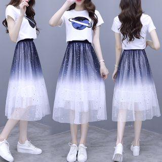 Set: Short-sleeve Planet Sequined T-shirt + Ombre Midi A-line Mesh Skirt