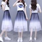 Set: Short-sleeve Planet Sequined T-shirt + Ombre Midi A-line Mesh Skirt