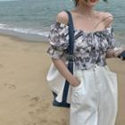 Off-shoulder Printed Chiffon Crop Top