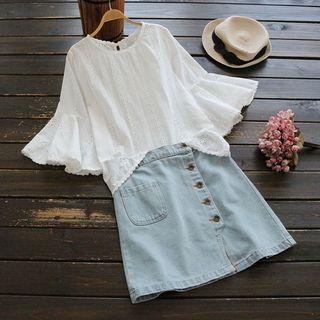 3/4-sleeve Eyelet-lace Ruffled Top