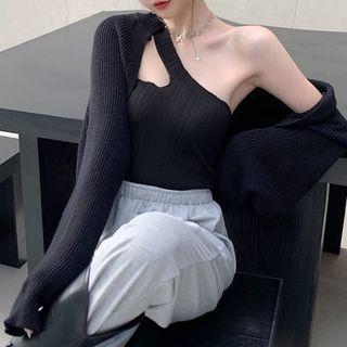 Set: Loose-fit Cardigan + One-shoulder Top