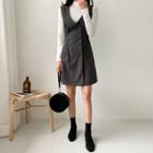 Set: Mock-neck Top + Button-front Jumper Dress Black - One Size