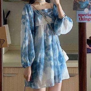 Puff-sleeve Tie Dye Mini Smock Dress