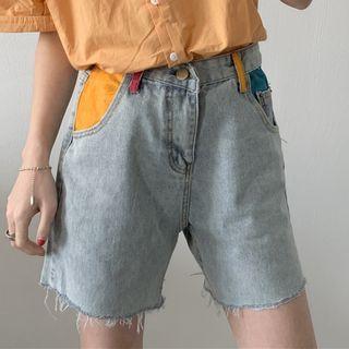Color-block Straight Cut Denim Shorts