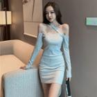 Cold-shoulder Long-sleeve Halter Mini Sheath Dress