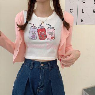 Long-sleeve Drink Print T-shirt / Cropped Cardigan