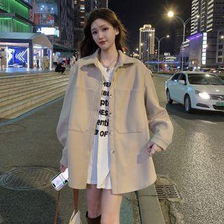 Long Sleeve Plain Pocket Detail Woolen Long Blazer Almond - One Size