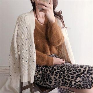Open-front Beaded Cable-knit Cardigan