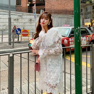Tie-neck Scallop-edge Lace Minidress