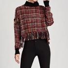Fringe Hem Tweed Long-sleeve Top
