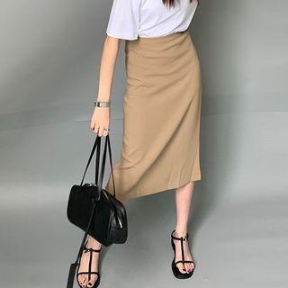 Plain Midi Pencil Skirt Khaki - S