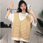 Elbow-sleeve T-shirt / Sleeveless Striped Top