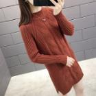 Long-sleeve Side Slit Mock-neck Knit Dress