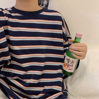Striped Round Neck Elbow-sleeve T-shirt
