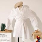 Long-sleeve Striped Asymmetrical Shirt Dress White - One Size