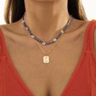 Tag Pendant Bead Flower Layered Alloy Necklace 2578 - Airy Blue Bead - Gold - One Size
