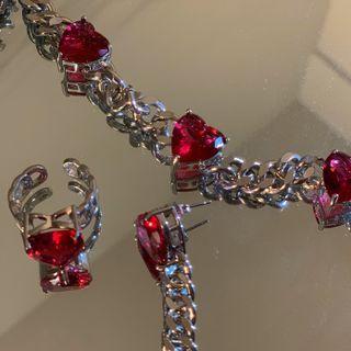 Rhinestone Heart Choker Necklace / Drop Earring / Ring