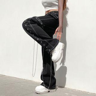Low Rise Buckled Chain Accent Loose Fit Jeans