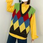 Set: Plain Shirt + Color Block Knit Vest Shirt - Yellow - One Size / Vest - Multicolor - One Size