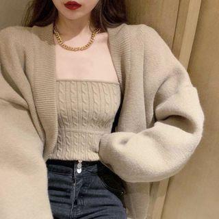 Set: Plain Cardigan + Strapless Cable Knit Top