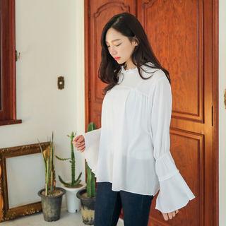 Frill-neck Bell-sleeve Chiffon Blouse