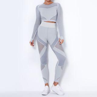 Set: Long-sleeve Cropped Knit Top + Mesh Panel Yoga Pants