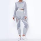 Set: Long-sleeve Cropped Knit Top + Mesh Panel Yoga Pants