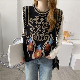 Round Neck Flower Pattern Jacquard Knit Vest