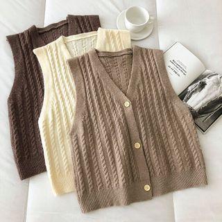 V-neck Single-breasted Cable-knit Vest