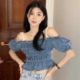 Puff-sleeve Cold-shoulder Denim Cropped Smocked Blouse Denim Blue - One Size