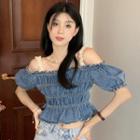Puff-sleeve Cold-shoulder Denim Cropped Smocked Blouse Denim Blue - One Size