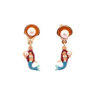 Fashion Elegant Plated Gold Enamel Mermaid Shell Imitation Pearl Earrings Golden - One Size