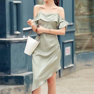 Irregular Hem Ruffle Cold Shoulder Sheath Dress