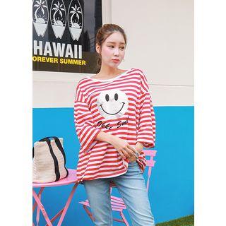 3/4-sleeve Printed Stripe T-shirt