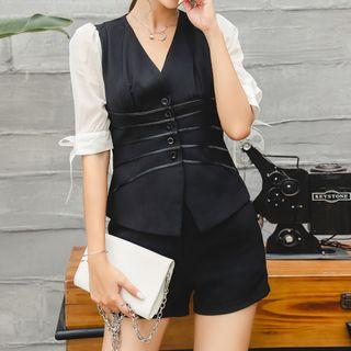 Set : Panel Short-sleeve Top + Wide Leg Shorts