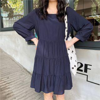 Long-sleeve Square-neck Shift Dress Navy Blue - One Size