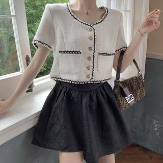Short-sleeve Button Jacket / Mini A-line Skirt