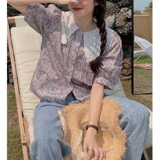 Short-sleeve Floral Collar Blouse As Shown In Figure - One Size