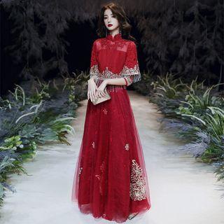 Elbow-sleeve Fringed Floral Embroidered Midi A-line Dress