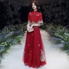 Elbow-sleeve Fringed Floral Embroidered Midi A-line Dress