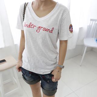 V-neck Appliqu  Lettering-embroidered T-shirt