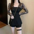 Set: Long-sleeve Paneled Lace Blouse + Shorts