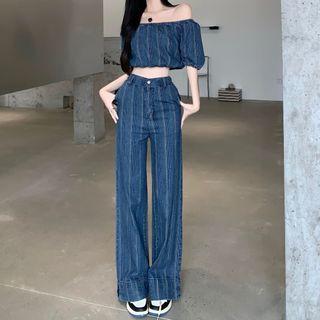 Set: Off-shoulder Denim Crop Top + Wide-leg Jeans