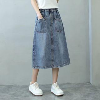 Denim Midi A-line Skirt Blue - One Size