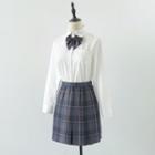 Set: Plain Shirt + Plaid Pleated Skirt + Bow Tie