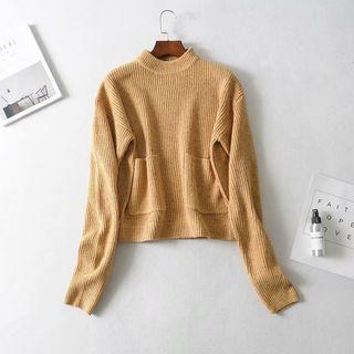 Mock Neck Pocketed Sweater Khaki - One Size