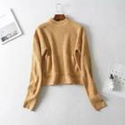 Mock Neck Pocketed Sweater Khaki - One Size