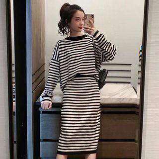 Set: Striped Sweater + Straight-fit Midi Knit Skirt